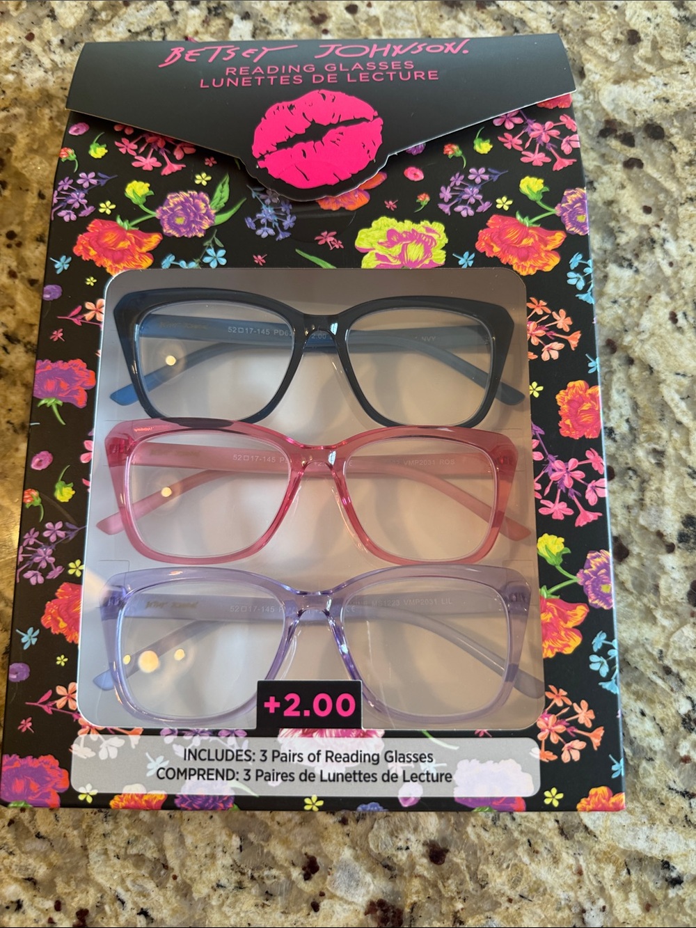 Betsey Johnson 3-Pack Reading Glasses Set (+2.00) - Black, Pink, Purple NWT